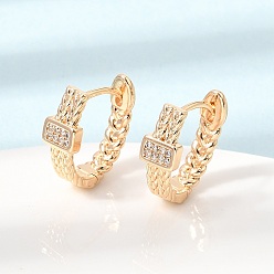 Real 18K Gold Plated Brass Micro Pave Cubic Zirconia Hoop Earrings, Rectangle, Real 18K Gold Plated, 15.5x5.5x13.5mm