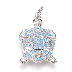 Светло-Голубой Латунные микро проложить кубического циркония подвески, черепаха, платина, Небесно-голубой, 21x14x4 мм, отверстие : 3 мм