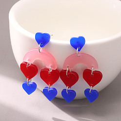 Ярко-Розовый Акриловые серьги-гвоздики в форме сердца, платина, ярко-розовый, 45x27 мм