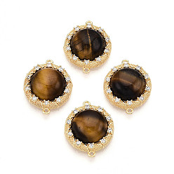 Настоящее золото 18K Подвески с натуральным тигровым глазом, латунные микро-паве прозрачные кубические цирконии плоские круглые звенья, реальный 18 k позолоченный, 16x19.5x6.5 мм, отверстие : 1 мм