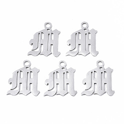 Letter M Устойчивые к потускнению 201 подвески из нержавеющей стали, лазерная резка, старый английский, алфавит, цвет нержавеющей стали, letter.m, 18x16x1 мм, отверстие : 2 мм