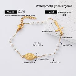 White 304 Stainless Steel Oval Religion Cross Link Resin Beaded Anklets for Women, Golden, White, 6-3/4 inch(170mm)