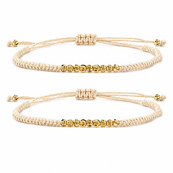 Floral White Brass Round Braided Bead Bracelet Sets, Adjustable Stackable Bracelets, Golden, Floral White, 11.02 inch(28cm), 2pcs/set