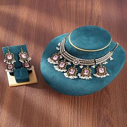 Pink Прямоугольный сплав стекла колье и серьги комплекты для женщин, розовые, 500 мм