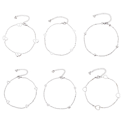 Stainless Steel Color 6Pcs 6 Styles 304 Stainless Steel Cable Chain Anklets, with Heart Link and Lobster Claw Clasps, Stainless Steel Color, 1pc/style