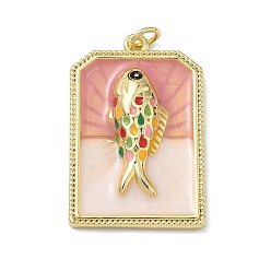 Настоящее золото 18K Латунь эмаль подвески, долговечный, стойки покрытие, без свинца и без кадмия, прямоугольный сундук с амулетами в виде рыбок, реальный 18 k позолоченный, 29x19.5x4.5 мм, отверстие : 3 мм