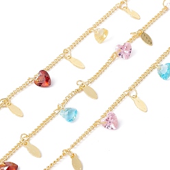 Colorful Handmade Cubic Zirconia Heart & Brass Leaf Charms Chain, with Curb Chains, Real 18K Gold Plated, Lead Free & Cadmium Free, Soldered, with Spool, Colorful, 2x2x0.5mm