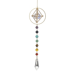 Mixed Stone Natural & Synthetic Mixed Stone Bead & Brass Ring Pendant Decorations, Glass Cone and Brass Empty Stone Holder Pouch Charm, 300mm, Hole: 8mm
