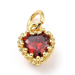 Red Brass Micro Pave Mixed Color Cubic Zirconia Pendants, Real 18K Gold Plated, Long-Lasting Plated, Heart, Red, 9.3x7.4x5.5mm, Hole: 3mm