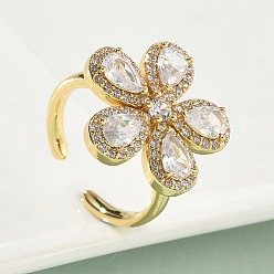 Прозрачный Кольца-манжеты из цветочной латуни с микропаве из кубического циркония для женщин, без кадмия и без свинца, стойки покрытие, реальный 18 k позолоченный, прозрачные, 19.5x20.5 мм, внутренний диаметр: 17.2 мм