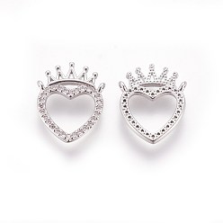 Platinum Brass Micro Pave Cubic Zirconia Pendants, Heart with Crown, Clear, Platinum, 17x14x2mm, Hole: 1mm