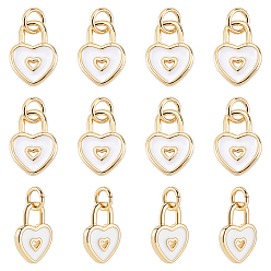 Белый 12 кулоны латунные эмалевые шт., без кадмия и без свинца, долговечный, сердце замок, реальный 18 k позолоченный, белые, 13x9x1.5 мм, отверстие : 3.4 мм