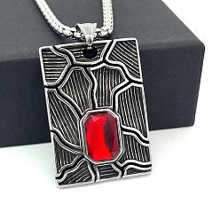 Нержавеющая Сталь Цвет Ожерелья из нержавеющей стали в винтажном стиле с прямоугольной подвеской и рубиновыми стразами для мужчин, цвет нержавеющей стали