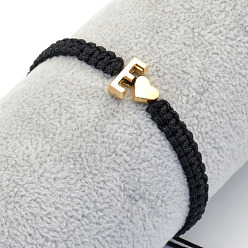 Letter E Браслеты из плетеных бусин из сплава, Браслеты из хлопкового шнура, плетеные для пары., сердце и алфавит, чёрные, золотые, Письмо E, 6.30~11.81 дюйм (16~30 см)