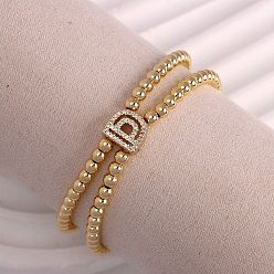 Letter D Браслеты из латуни с микропаве из прозрачных кубических циркониевых бусин, двойные нити, эластичные, для женщин, буква и круг, золотые, Буква D, 6.69 дюйм (17 см)