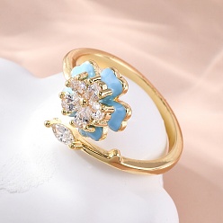 Золотой Латунные кольца-манжеты с микропаве и прозрачным цирконием для женщин, цветок, с эмалью, золотые, 2~12 мм, внутренний диаметр: 16 мм