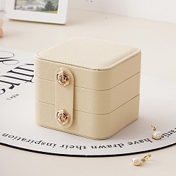 Blanched Almond 3 Layer Travel PU Leather Storage Box for Women, Square Portable Jewelry Case Organizer for Earrings Bracelets Necklaces, with Snap Button, Blanched Almond, 9.5x9.5x8cm