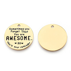 Золотой 201 подвески из нержавеющей стали, плоский круглый со словом потрясающе, золотые, 30x1.5 мм, отверстие : 2 мм