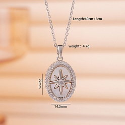 Звезда Подвеска из латуни с микропаве из прозрачных кубических цирконий и натуральным белым перламутровым камнем 304 цепочка из нержавеющей стали для женщин, цвет нержавеющей стали, звезда, 15.75 дюйм (40 см), Кулон : 22x14.5 мм