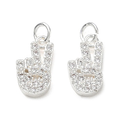 Silver Brass Micro Pave Clear Cubic Zirconia Pendants, Peace Hand Sign Charms, Silver, 15.5x8.5x4.5mm, Hole: 3mm