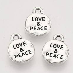 Antique Silver Tibetan Style Alloy Pendants,  Cadmium Free & Lead Free, Flat Round with Word Love & Peace, Antique Silver, 13.5x10.5x1.5mm, Hole: 1.5mm, about 555pcs/500g