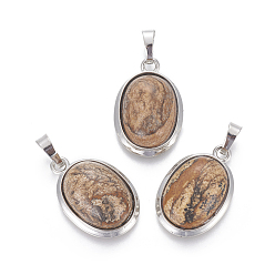 Пейзажный Джаспер Естественного изображения яшмы подвески, с латунной фурнитурой , овальные, платина, 25~26x17~17.5x8~9 мм, отверстие : 8x5 мм