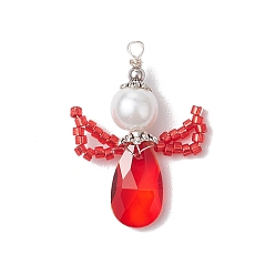 Малиновый Стеклянные подвески, ангельские прелести, со стеклянной жемчужной бусиной и 304 шовными бусинами из нержавеющей стали и петлей, граненые, малиновый, 32.5~33x22~25x8 мм, отверстие : 1.8 мм