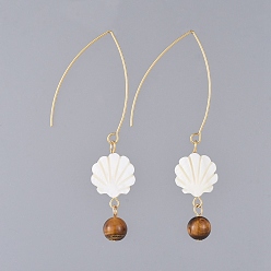 Tiger Eye Shell Dangle Earrings, with Natural Tiger Eye Beads, Freshwater Shell Beads and 304 Stainless Steel Earring Hooks, Golden, 75mm, pin: 0.7mm