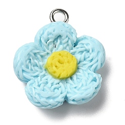 Sky Blue Opaque Resin Pendants, Flower Charms with Platinum Plated Iron Loops, Sky Blue, 20x18x6mm, Hole: 2mm
