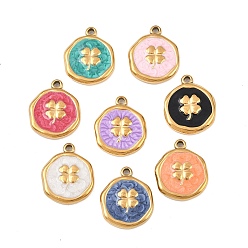 Клевер 304 нержавеющей стальной эмали подвески, плоско-круглые, золотые, клевер, 15.5~16.5x13.5x2.5 мм, отверстие : 1.2~1.4 мм