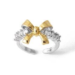 Bowknot Открытые манжеты из латуни с микропаве и цирконием для женщин, платиной и золотом, бантом, внутренний диаметр: регулируемый