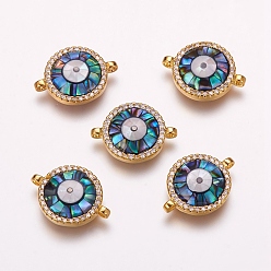 Golden Brass Micro Pave Cubic Zirconia Links, with Freshwater Shell, Flat Round, Golden, 13x17.5x3.5mm, Hole: 1mm
