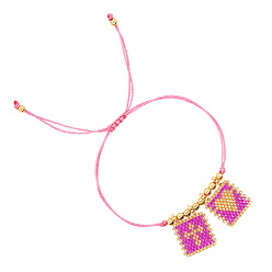 Ярко-Розовый Богемные стеклянные браслеты с подвесками из бисера, плетеные браслеты из синтетического шнура для женщин, прямоугольник с крестом и сердцем, с 304 из нержавеющей стали бусы, ярко-розовый, 11.02 дюйм (28 см)