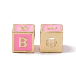 Letter B Стойки покрытие латунь эмаль бисер, без кадмия, без никеля и без свинца, реальный 18 k позолоченный, куб с письмом, розовый жемчуг, letter.b, 6x6x6 мм, отверстие : 2.5 мм