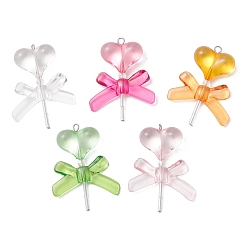 (52) Непрозрачная лаванда 4шт 4 цветные подвески из прозрачного акрила, сердечко с подвесками-бантиками, с фурнитурой из стекла и нержавеющей стали., платина, разноцветные, 304 мм, отверстие : 44.5x34x9.5 мм, 2.5 шт / цвет