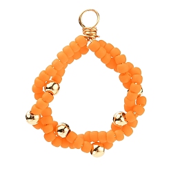 Orange Seed Beads Pendants, with Brass Beads and Eco-Friendly Copper Wire, Real 18K Gold Plated, Orange, 26~27x21~22x3~4mm, Hole: 3mm