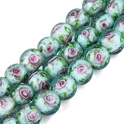 Бирюза Светящиеся нити из бусин ручной работы, изготовленных методом выдувания стекла и с использованием блестящей пудры., круглые, с внутренним цветок, светится в темноте, бирюзовые, 9.5~10 мм, отверстие : 1~1.6 мм, около 40 шт / нитка, 13.78~14.37 дюйм (35~36.5 см)