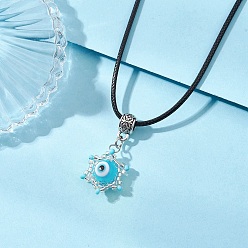 Темно-Голубой Ожерелья с подвесками из стеклянных бусин и лампворка от сглаза ручной работы, ожерелья из черного вощеного хлопкового шнура, античное серебро, глубокое синее небо, 17.68 дюйм (44.9 см)