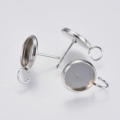 Stainless Steel Color Non-Tarnish 201 Stainless Steel Stud Earring Settings, with 304 Stainless Steel Pins, with Loop, Flat Round, Stainless Steel Color, 17x12mm, Hole: 2mm, Pin: 0.7mm, Tray: 10mm