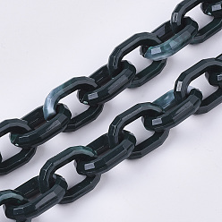 Темно-Зеленый Акриловые кабельные цепи ручной работы, Стиль имитация драгоценных камней, Двухцветный цвет, граненые, овальные, темно-зеленый, 25.5x18x6 мм, около 39.37 дюйм (1 м) / прядь