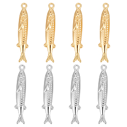 Real Gold Plated & Real Platinum Plated 8 шт. 2 цвета латунные подвески, рыба, настоящее золото и платина, 28.5x5.5x4 мм, отверстие : 1.2~1.4 мм, 4 шт / цвет