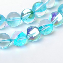 Cyan Synthetical Moonstone Round Beads Strands, Holographic Beads, Dyed, Cyan, 6mm, Hole: 1mm, about 64pcs/strand, 15.5 inch