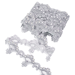 Argent 5yards de ruban de dentelle à fleurs en polyester, coupe de fleurs pour la décoration de robe de mariée, avec perle d'imitation, argenterie, 2-3/8 pouces (60 mm)