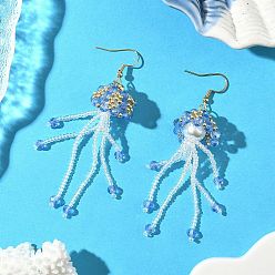 Светло-Синий 304 серьги-подвески в форме медузы из стеклянных бусин из нержавеющей стали, со стеклянным жемчугом, золотые, голубой, 82x19 мм