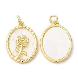 Golden Plastic Pendants, with Rack Plating Brass Findings and Jump Ring, Long-Lasting Plated, Oval with Rose Charm, Golden, 25.5x18x3mm, Hole: 4mm