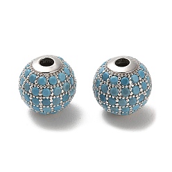 Sky Blue Rhodium Plated 925 Sterling Silver Micro Pave Cubic Zirconia Beads, Round, Real Platinum Plated, Sky Blue, 10x9mm, Hole: 2.2mm