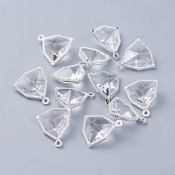 Прозрачный Стеклянные подвески, с фурнитурой Berzel с открытой спиной из экологически чистого сплава, граненые, треугольные, серебряный цвет гальваническим, прозрачные, 17x14.5x7 мм, отверстие : 1.2 мм