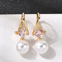 Настоящее золото 18K Круглые серьги-кольца из латуни и стекла, с abs имитационными жемчужными бусинами , реальный 18 k позолоченный, 29.5x10 мм