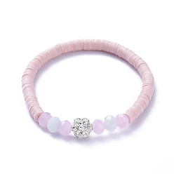 Pink Стрейч браслеты, с бисером из полимерной глины хэйси, граненые стеклянные бусины и латунные бусины со стразами, розовые, внутренний диаметр: 2 дюйм (5.2 см)