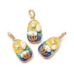 Цыпленок Подвески из латуни с микропаве из циркония, с эмалью и натуральным жемчугом, реальный 18 k позолоченный, стойки покрытие, без свинца и без кадмия, цыпленок, 34.5x20x8 мм, отверстие : 7.5x5 мм